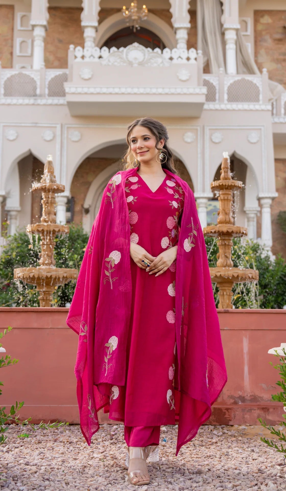 Rani Pink Floral Printed Chanderi Kurta Set