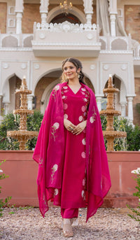 Rani Pink Floral Printed Chanderi Kurta Set
