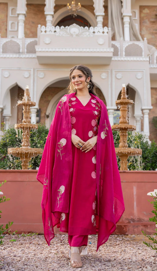 Rani Pink Floral Printed Chanderi Kurta Set