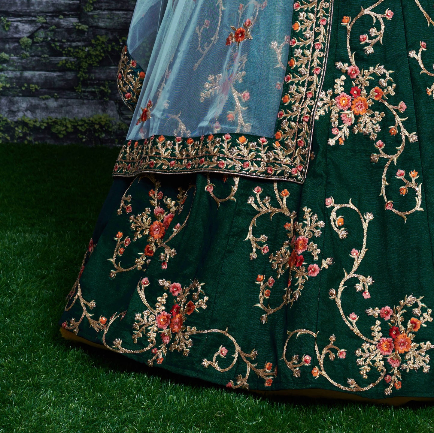 Emerald Blossom Taffeta Silk Lehenga Choli Set