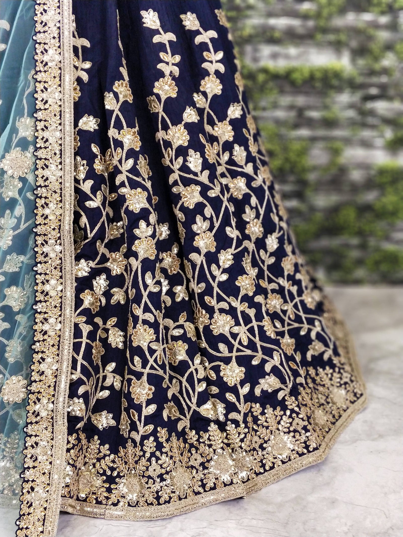 Navy Blue Raw Silk Embroidered Bridal Lehenga Choli