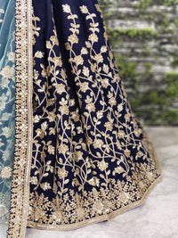 Navy Blue Raw Silk Embroidered Bridal Lehenga Choli