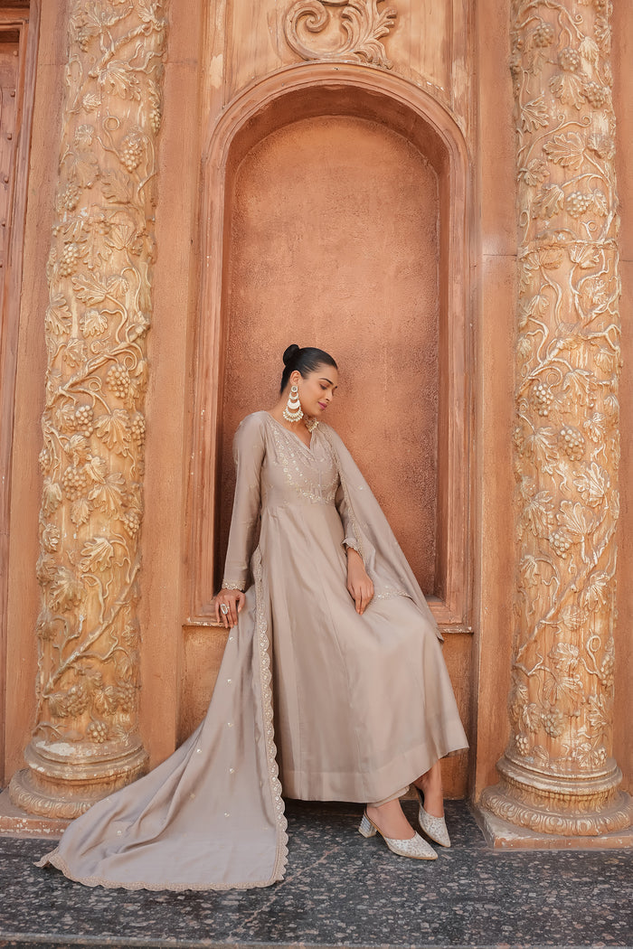 Beige Embroidered Vichitra Silk Sharara Suit Set