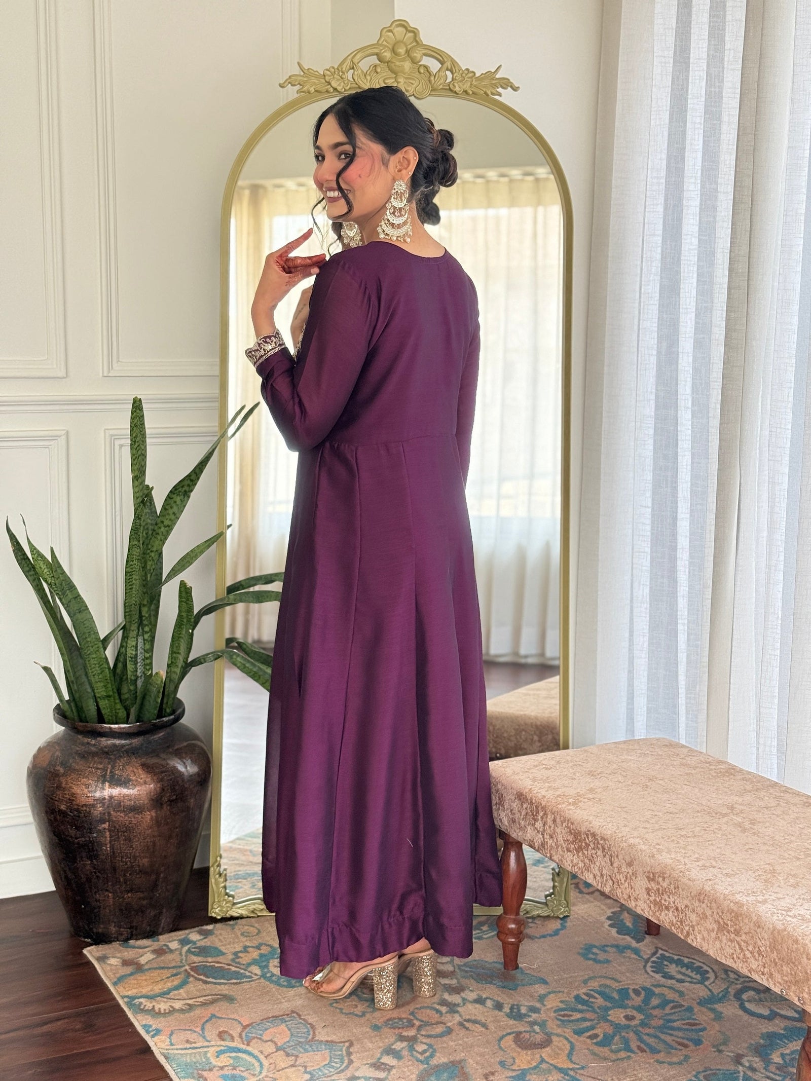 Embroidered Vichitra Silk Anarkali Suit Set