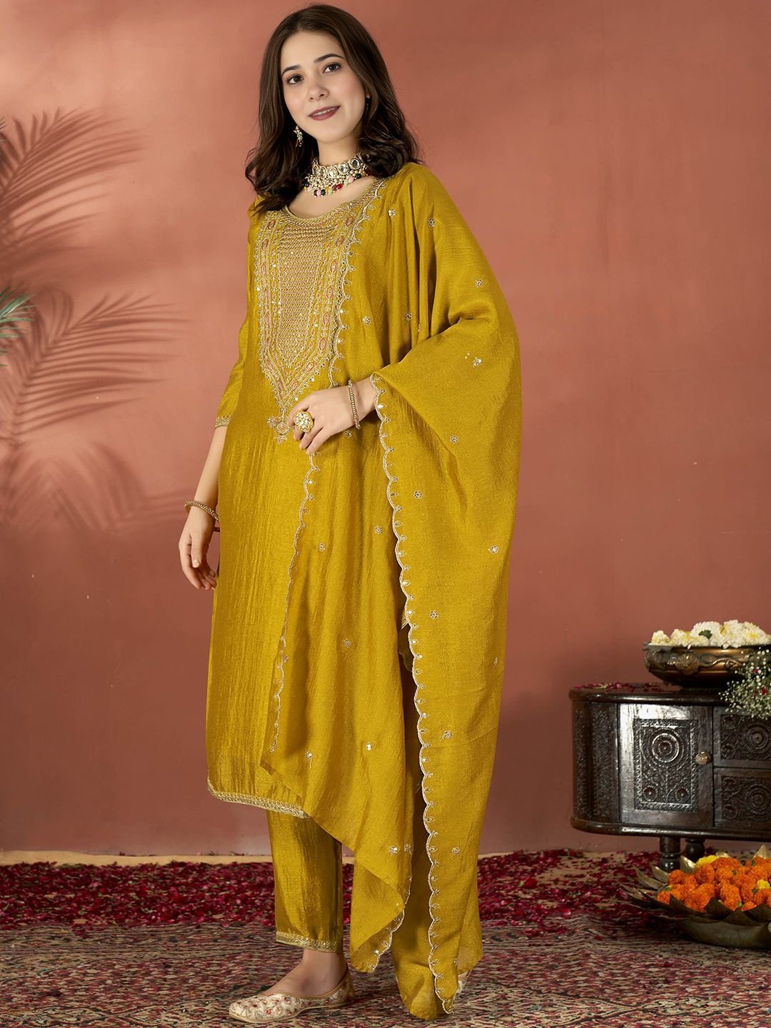 Mustard Embroidered Vichitra Suit Set