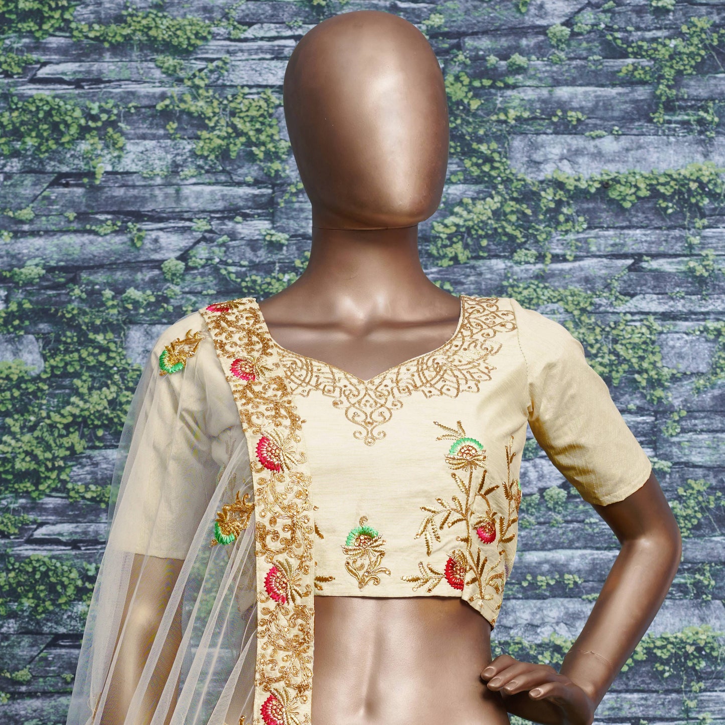Ivory Bloom Embroidered Slub Silk Lehenga Set