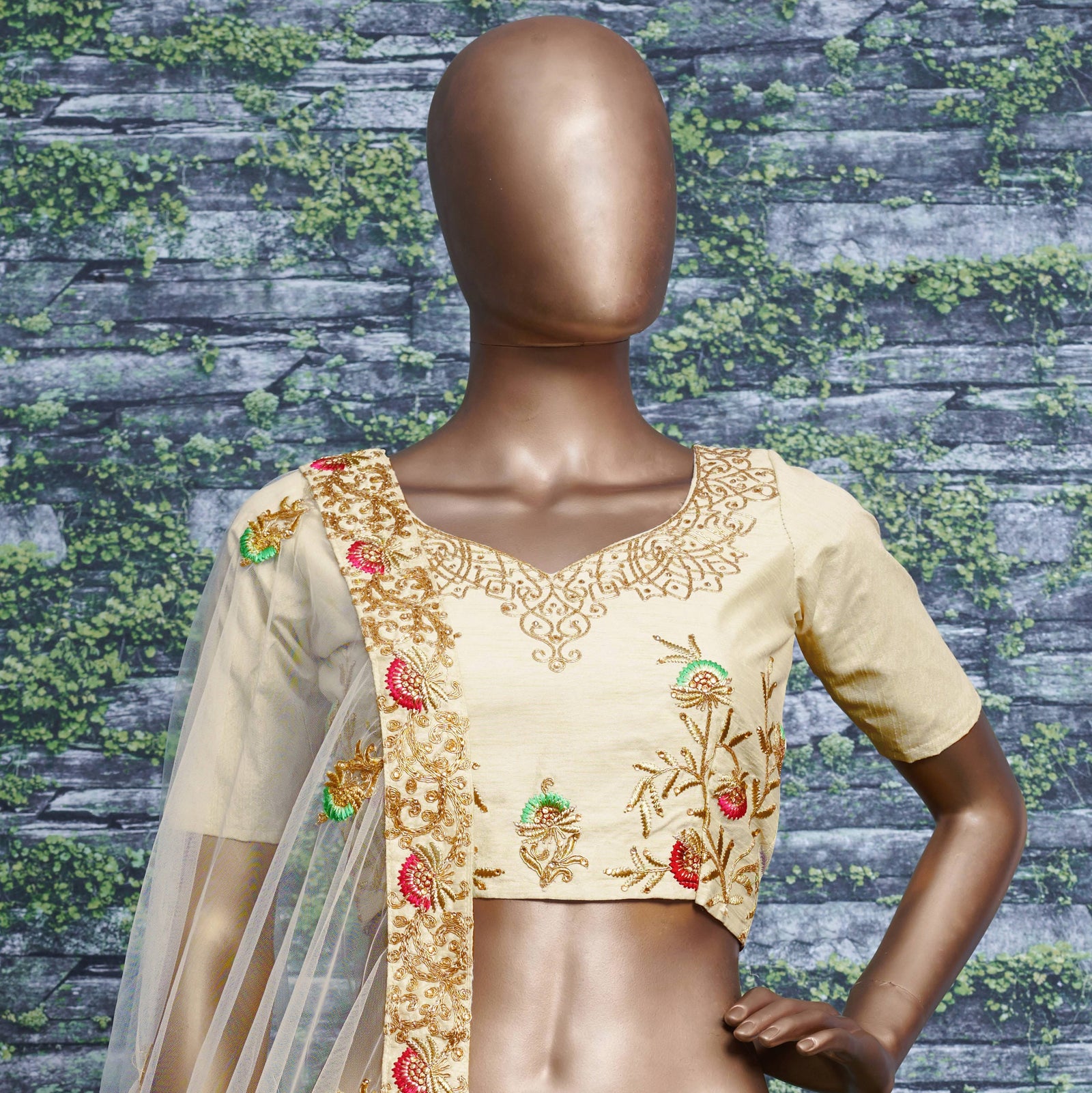 Ivory Bloom Embroidered Slub Silk Lehenga Set