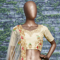 Ivory Bloom Embroidered Slub Silk Lehenga Set