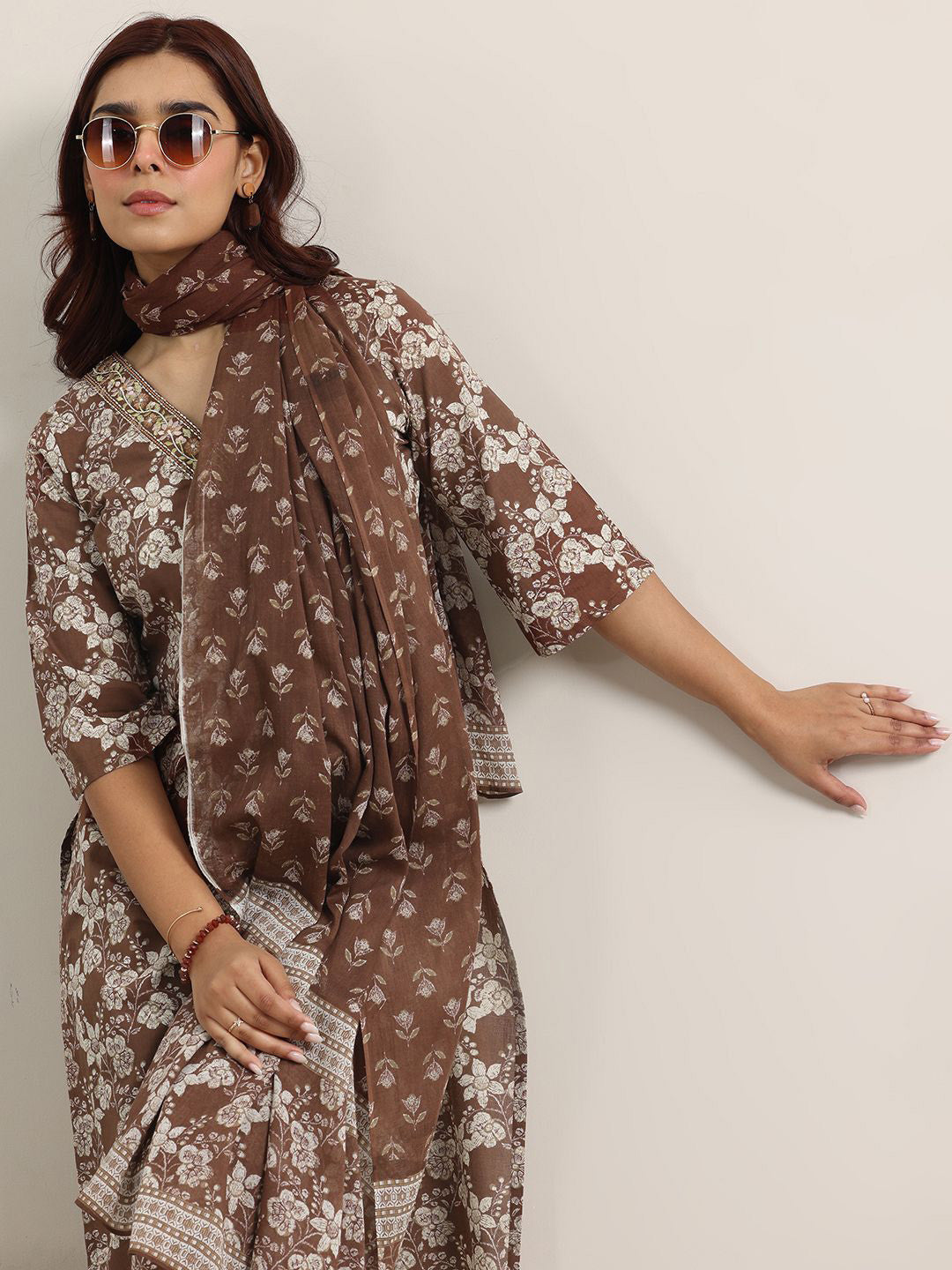 Brown Printed Magic Cotton Kurta Set
