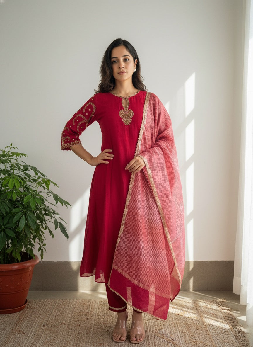 Red Viscose Chanderi Embroidered Kurta Set