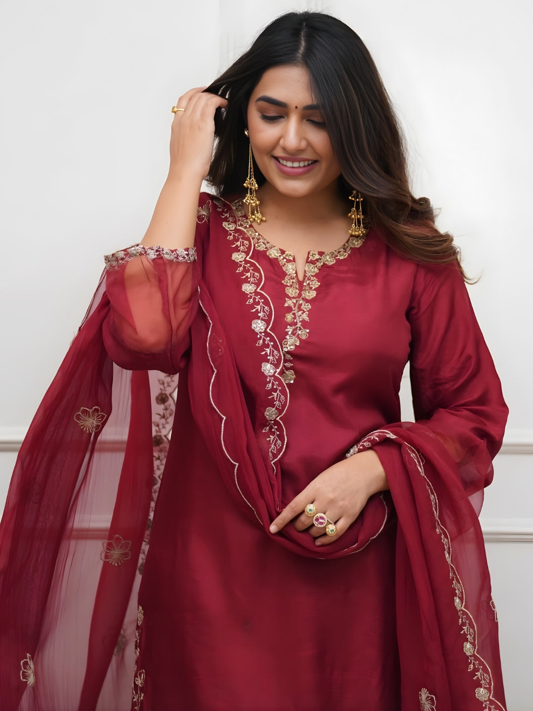 Maroon Viscose Chanderi Embroidered Kurta Set