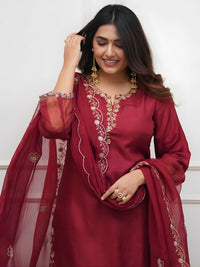 Maroon Viscose Chanderi Embroidered Kurta Set