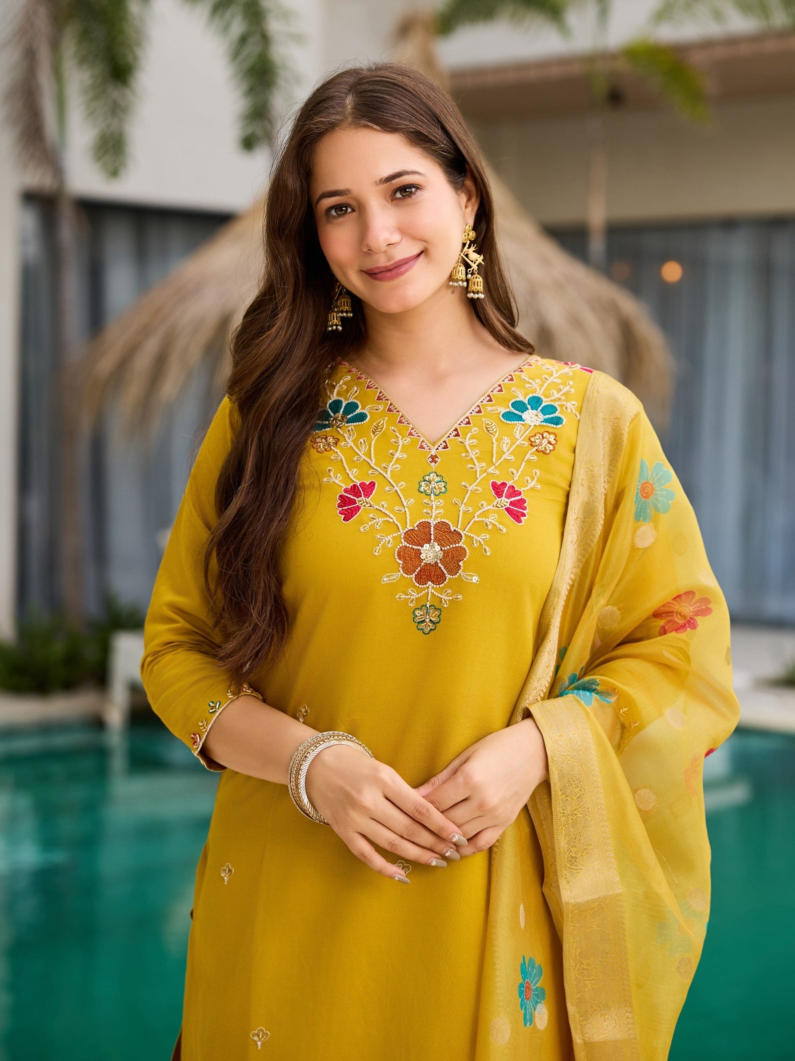 Mustard Yellow Floral Embroidered Suit Set