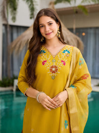 Mustard Yellow Floral Embroidered Suit Set