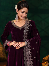 Maroon Embroidered Velvet A-Line Suit Set
