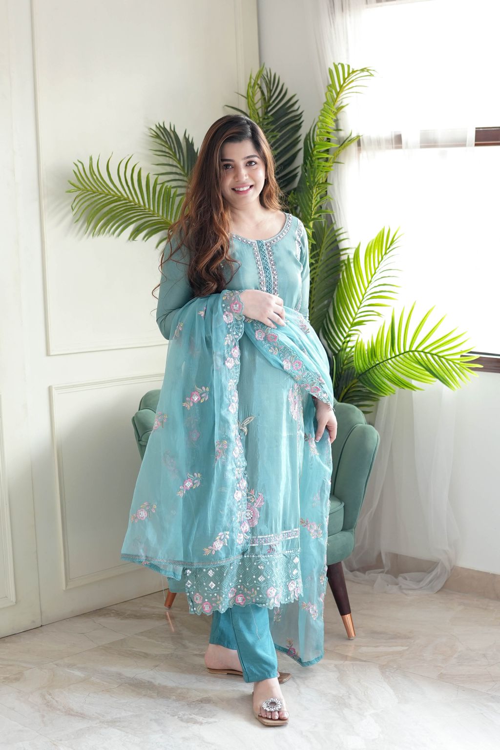 Azurea Sky Blue Pure Chinon Suit Set