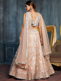 Peach Soft Net Sequins Embroidered Lehenga Choli Set