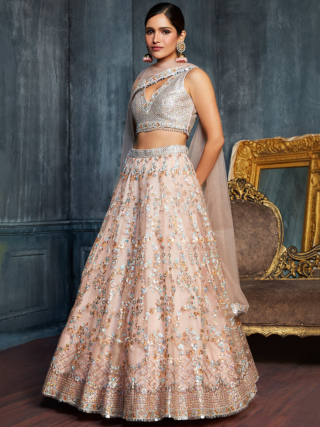 Peach Soft Net Sequins Embroidered Lehenga Choli Set