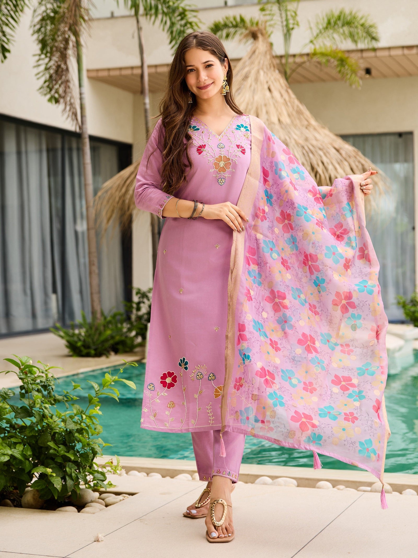 Pink Floral Embroidered Suit Set