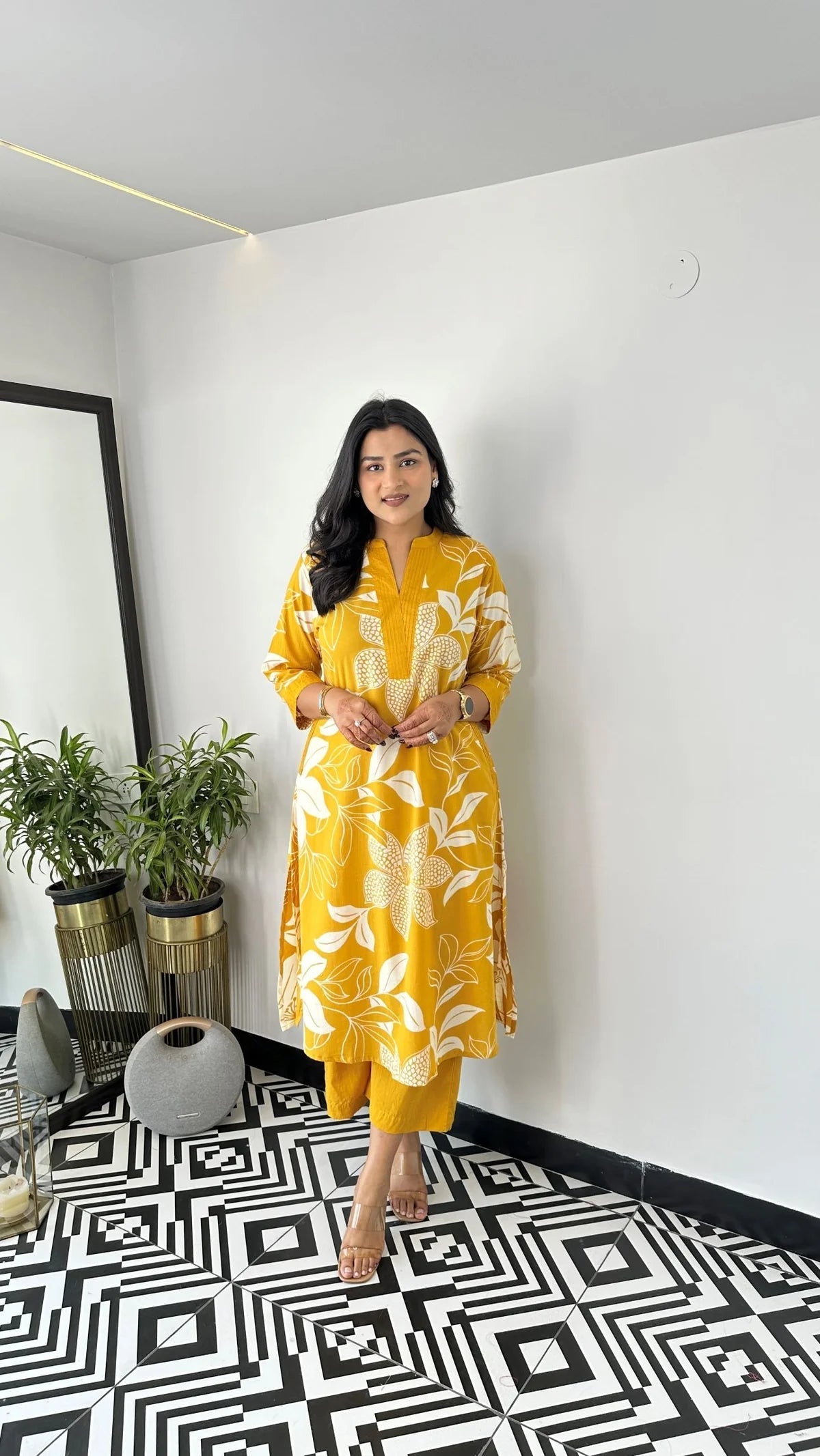 Yellow Floral Georgette Kurta Palazzo Set