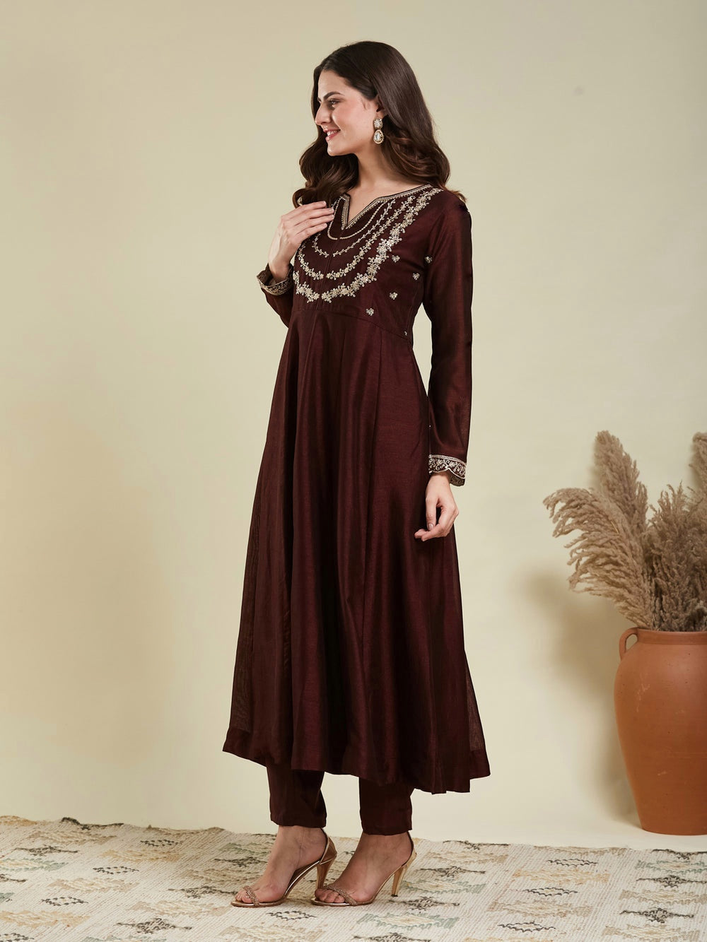 Brown Embroidered Vichitra Silk Sharara Suit Set