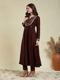 Brown Embroidered Vichitra Silk Sharara Suit Set