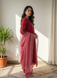 Red Viscose Chanderi Embroidered Kurta Set