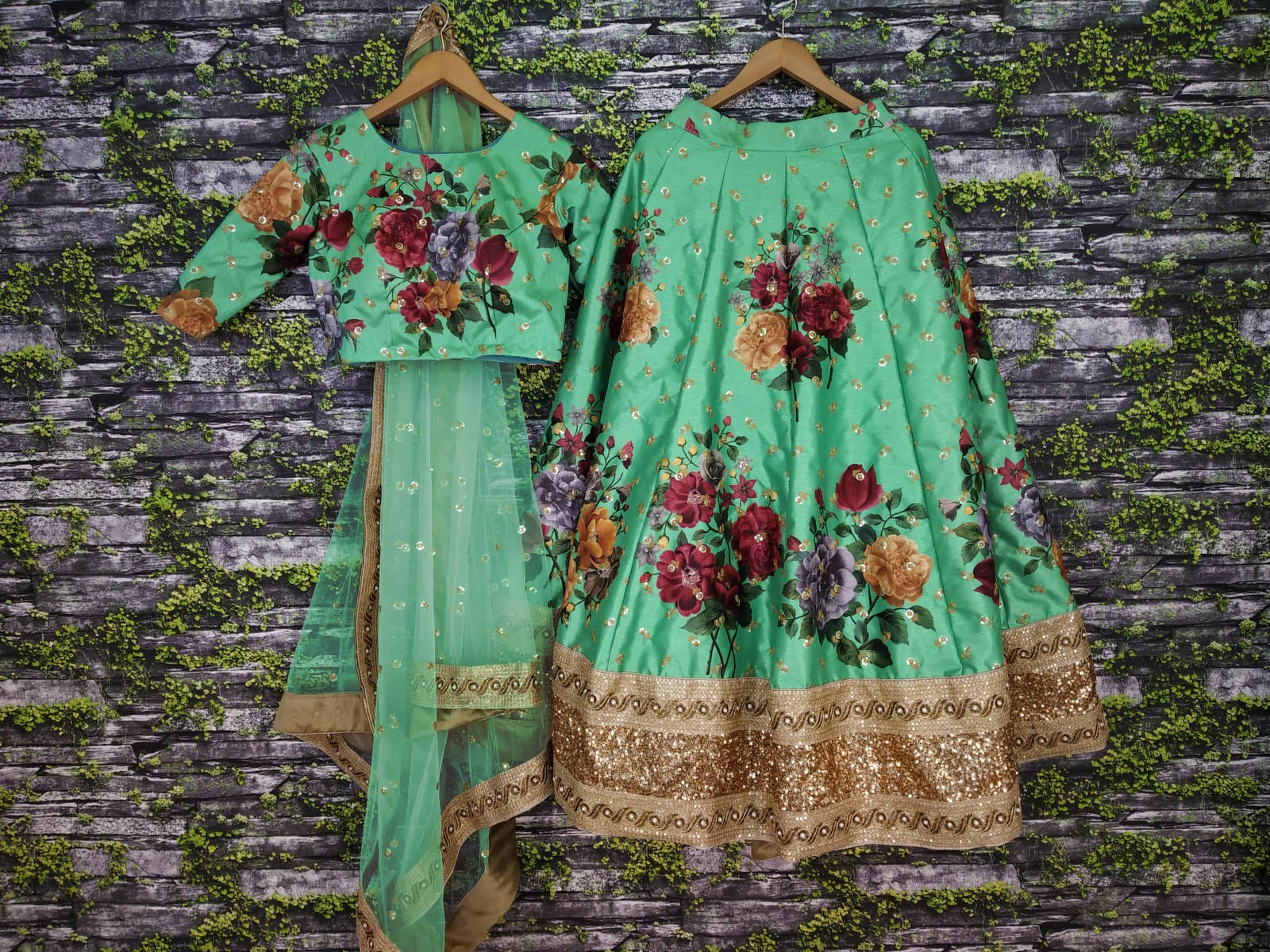 Green Fine Art Silk Pearl Embroidered Lehenga Set