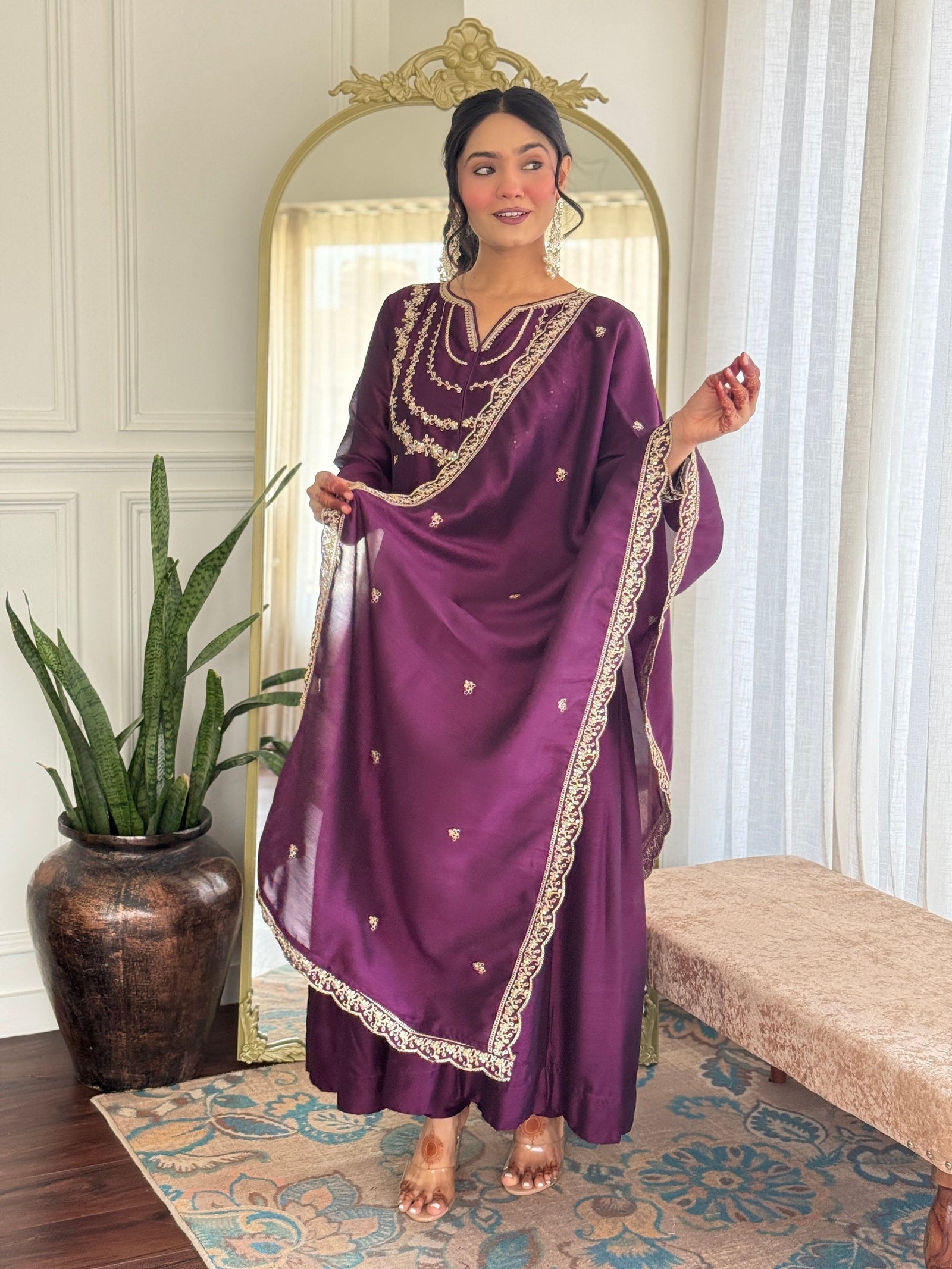 Wine Embroidered Anarkali Suit Set