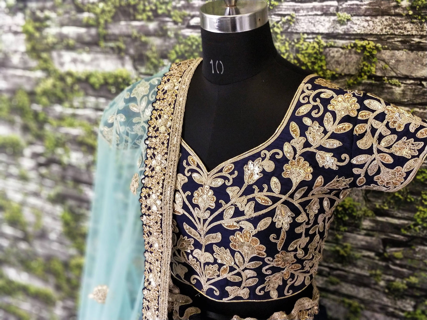 Navy Blue Raw Silk Embroidered Bridal Lehenga Choli