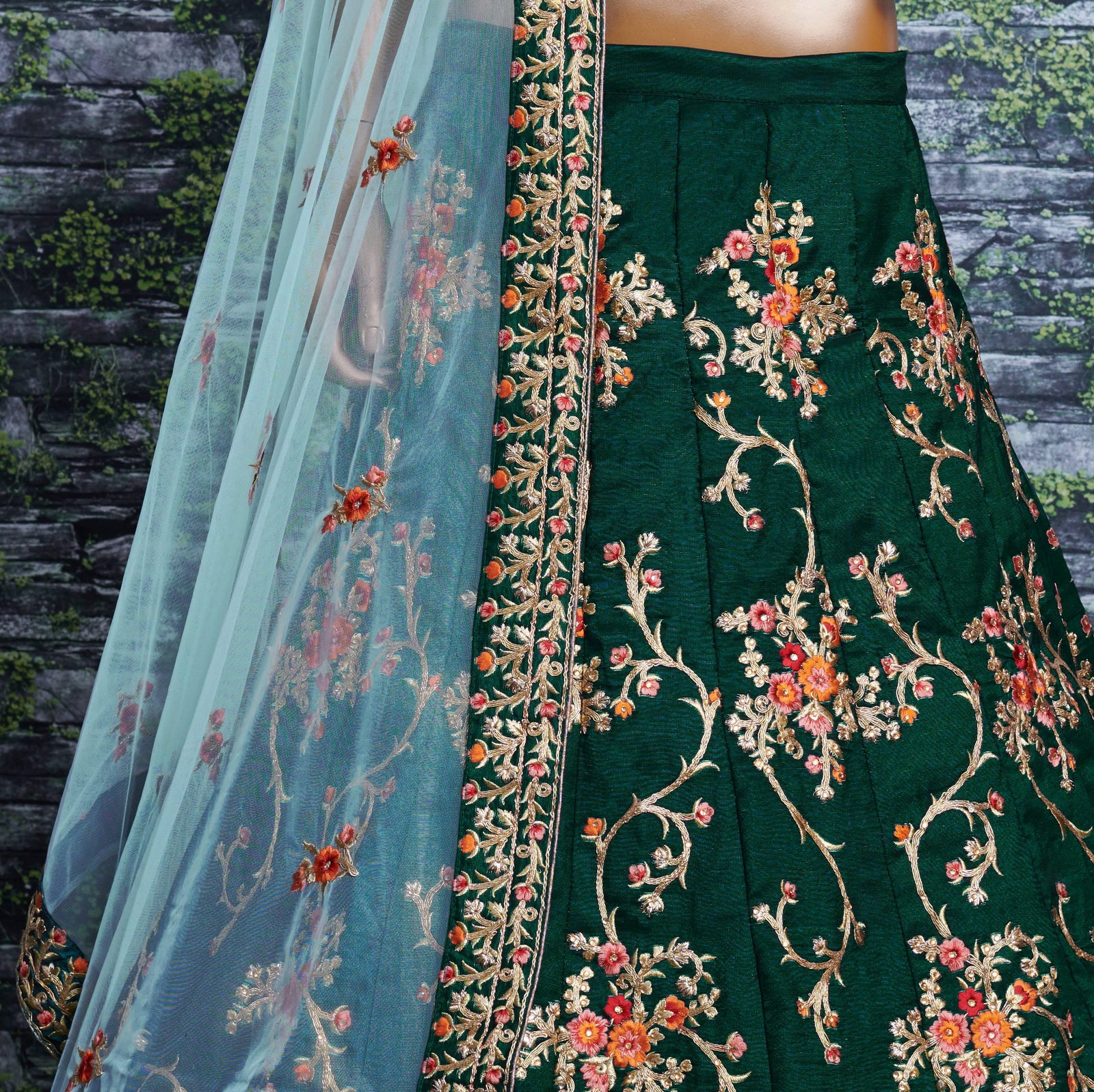 Emerald Blossom Taffeta Silk Lehenga Choli Set