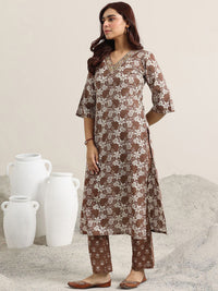 Brown Printed Magic Cotton Kurta Set