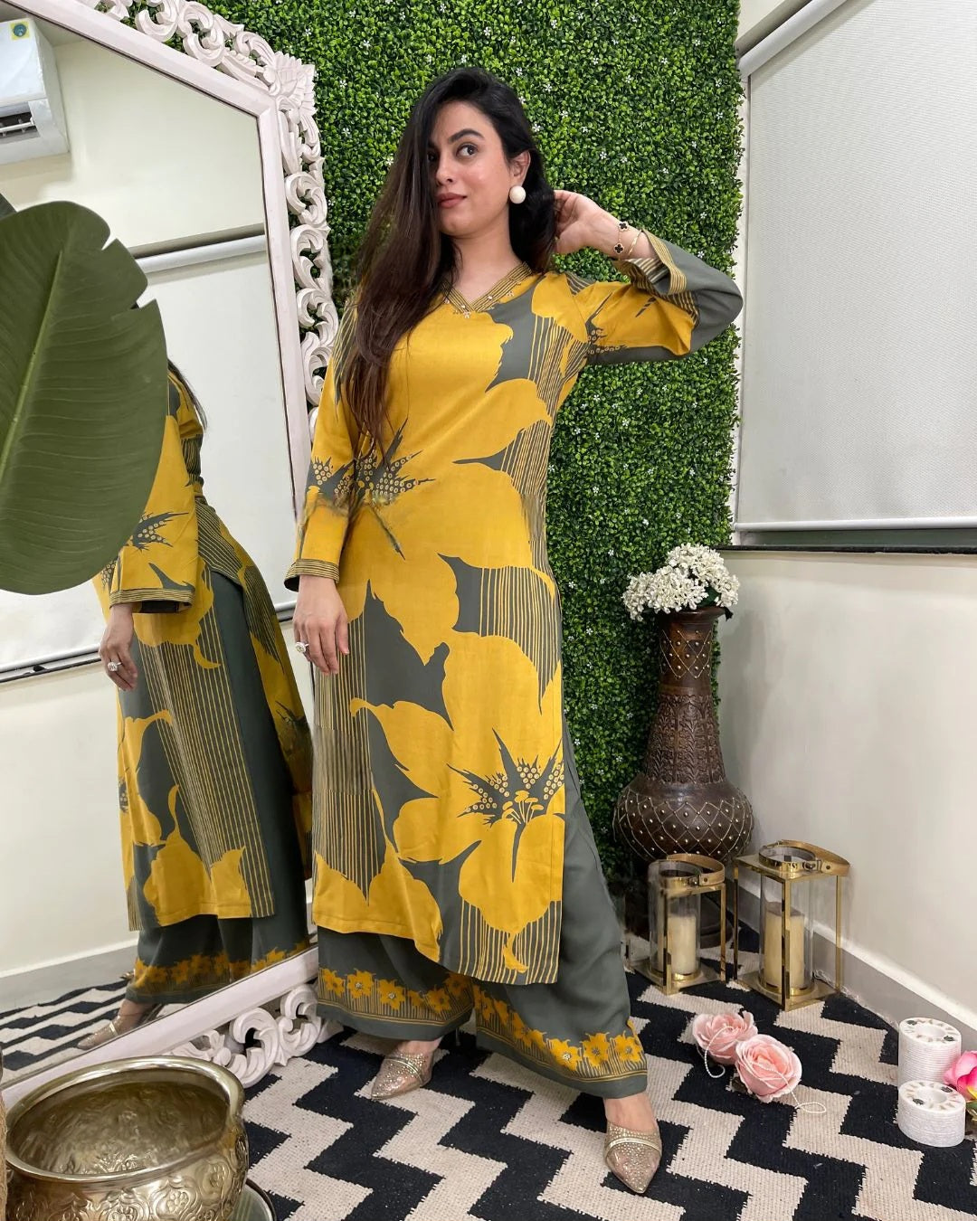 Mustard Bloom Embroidered Rayon Co-Ord Set