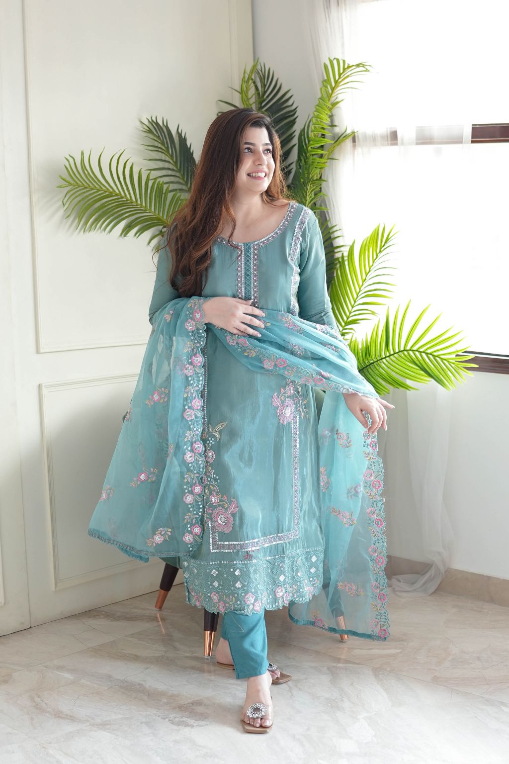 Azurea Sky Blue Pure Chinon Suit Set