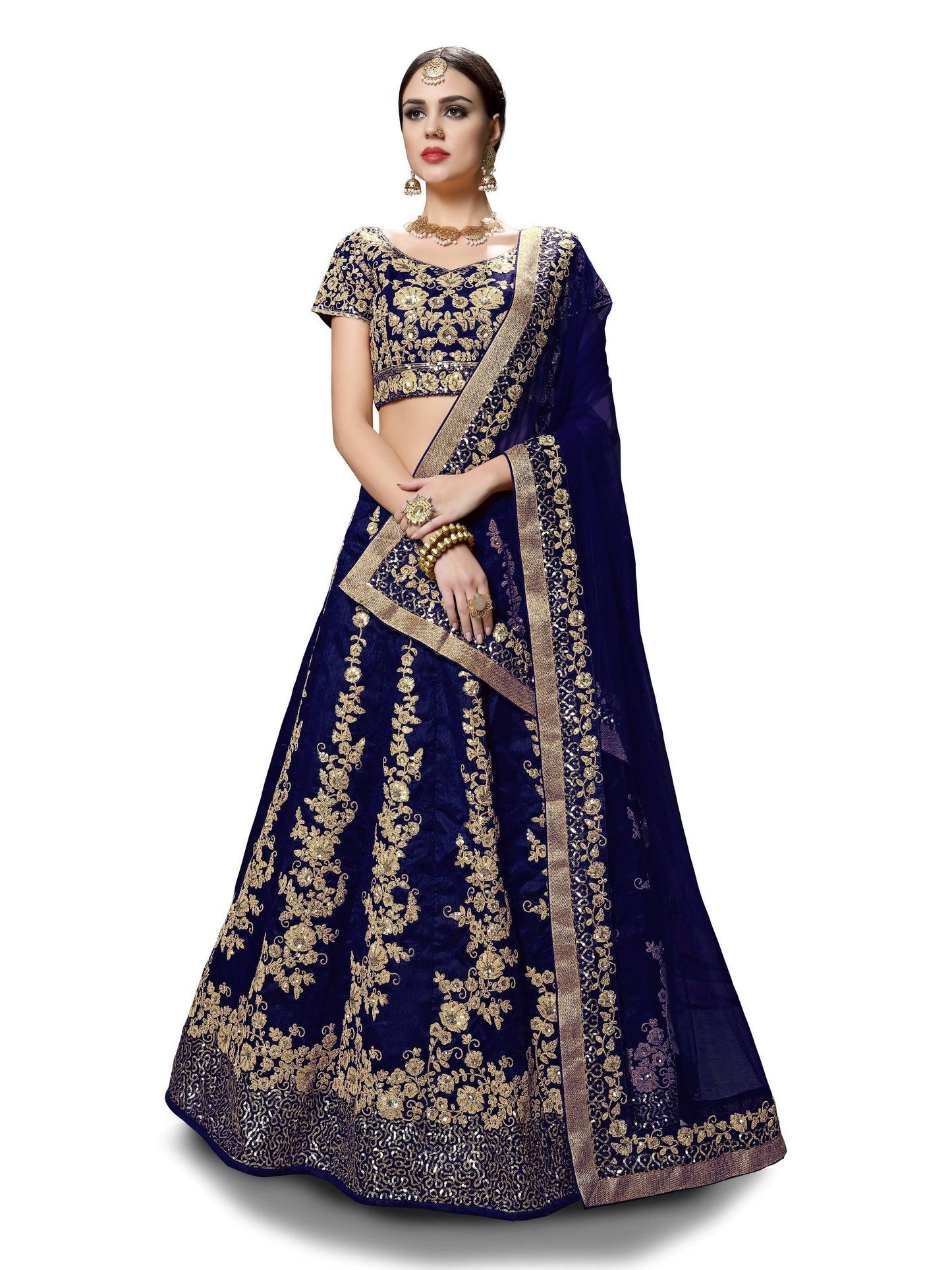 Blue Raw Silk Embroidered Bridal Lehenga Choli
