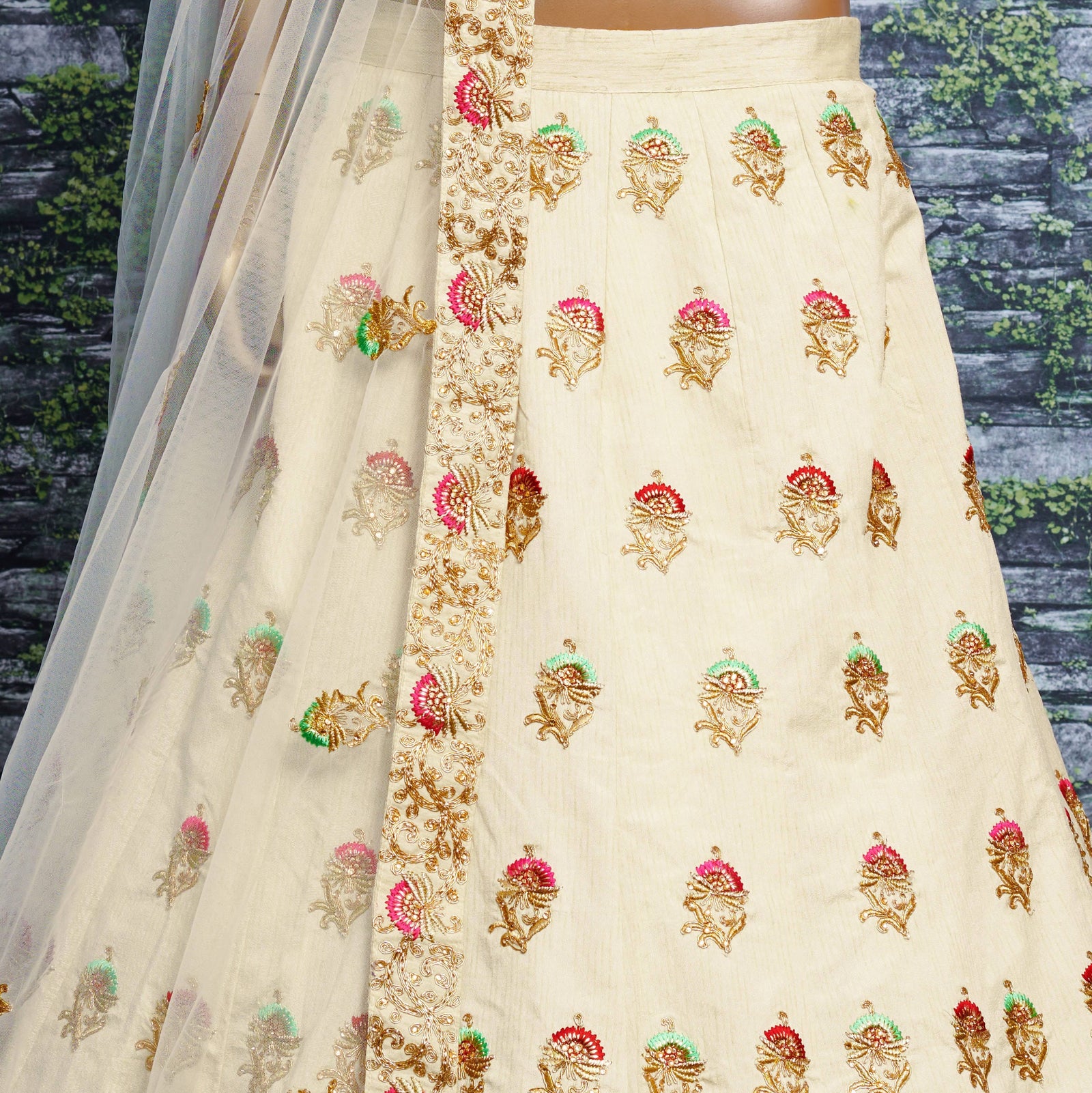 Ivory Bloom Embroidered Slub Silk Lehenga Set