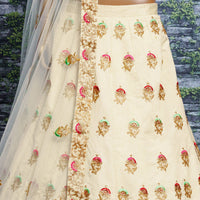Ivory Bloom Embroidered Slub Silk Lehenga Set