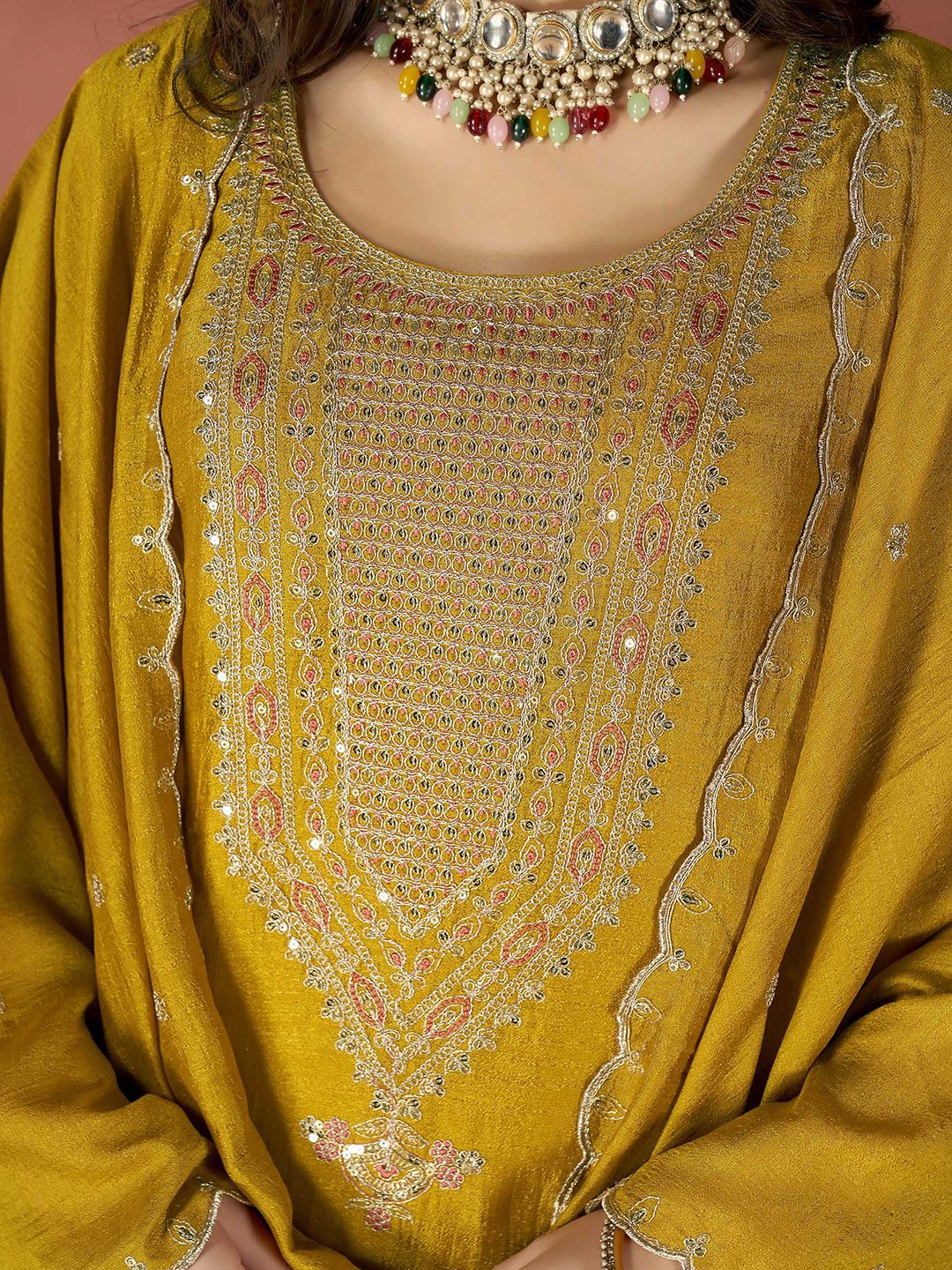 Mustard Embroidered Vichitra Suit Set
