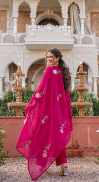 Rani Pink Floral Printed Chanderi Kurta Set