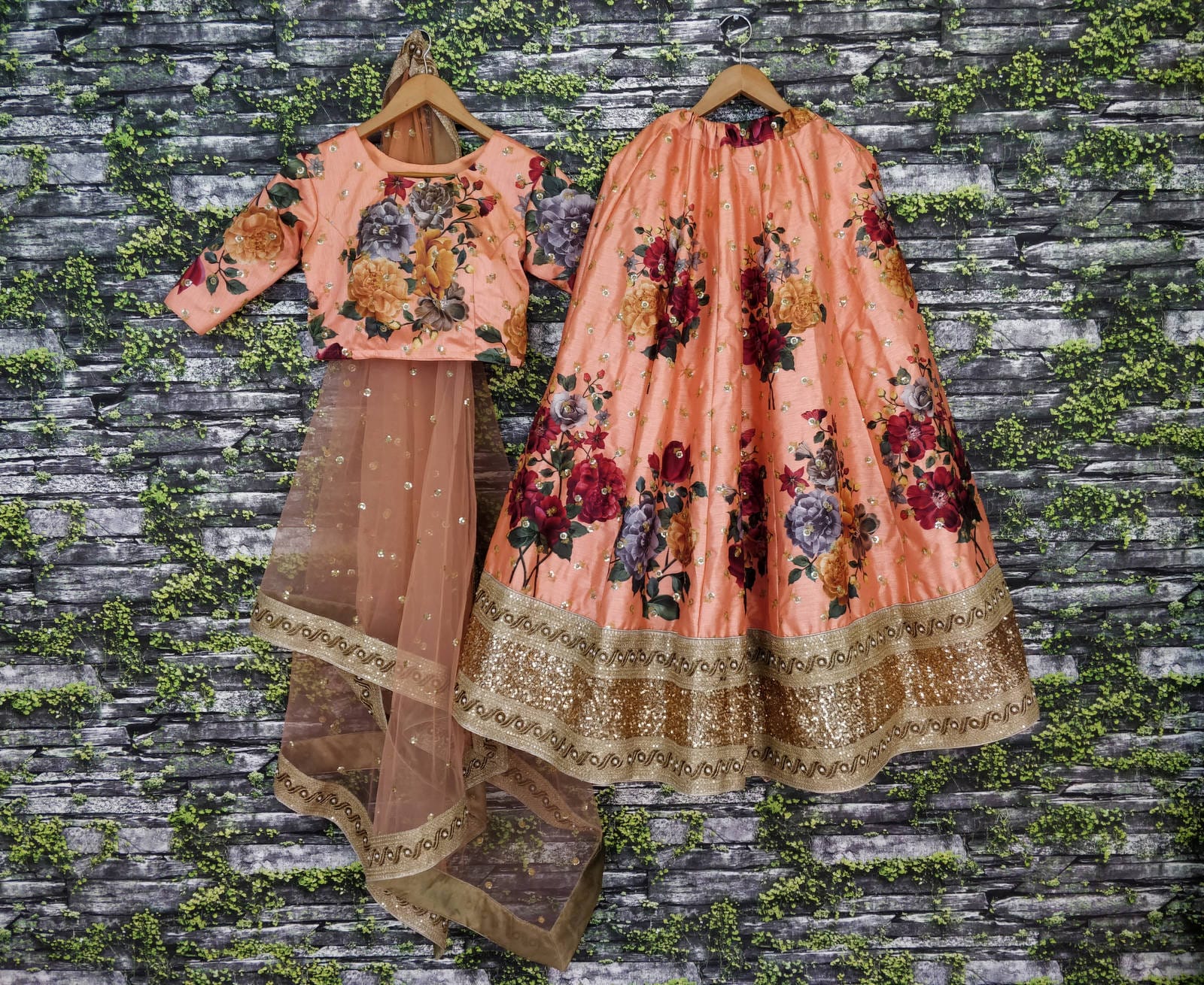 Peach Fine Art Silk Pearl Embroidered Lehenga Set