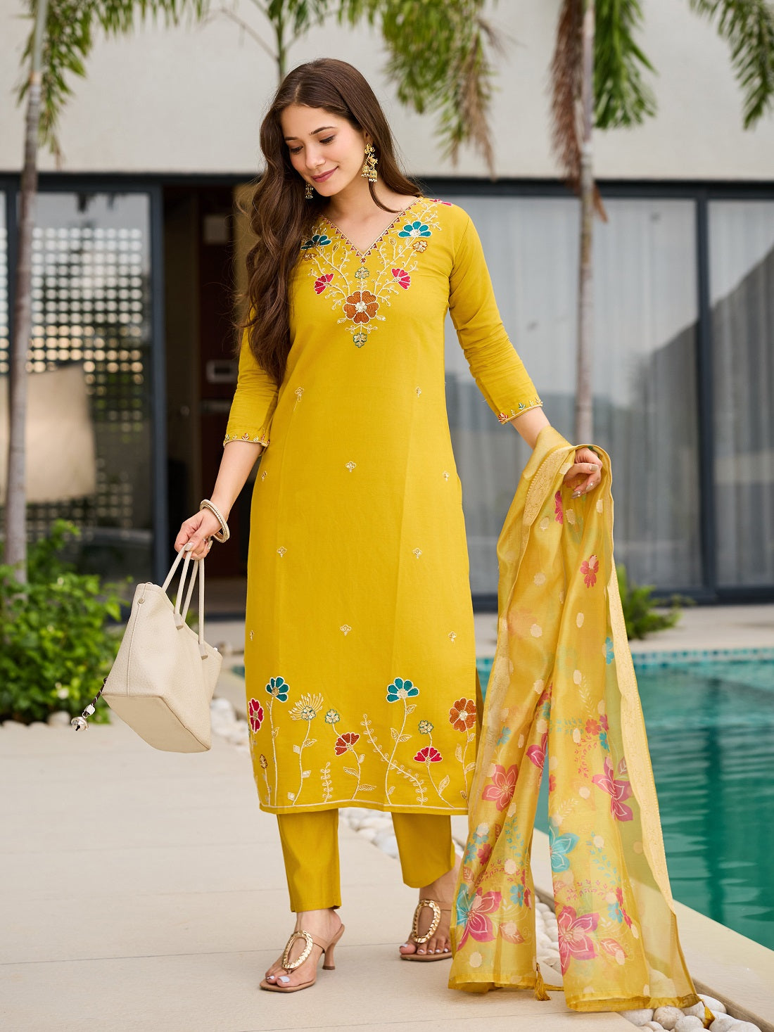 Mustard Yellow Floral Embroidered Suit Set