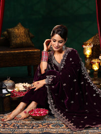 Maroon Embroidered Velvet A-Line Suit Set