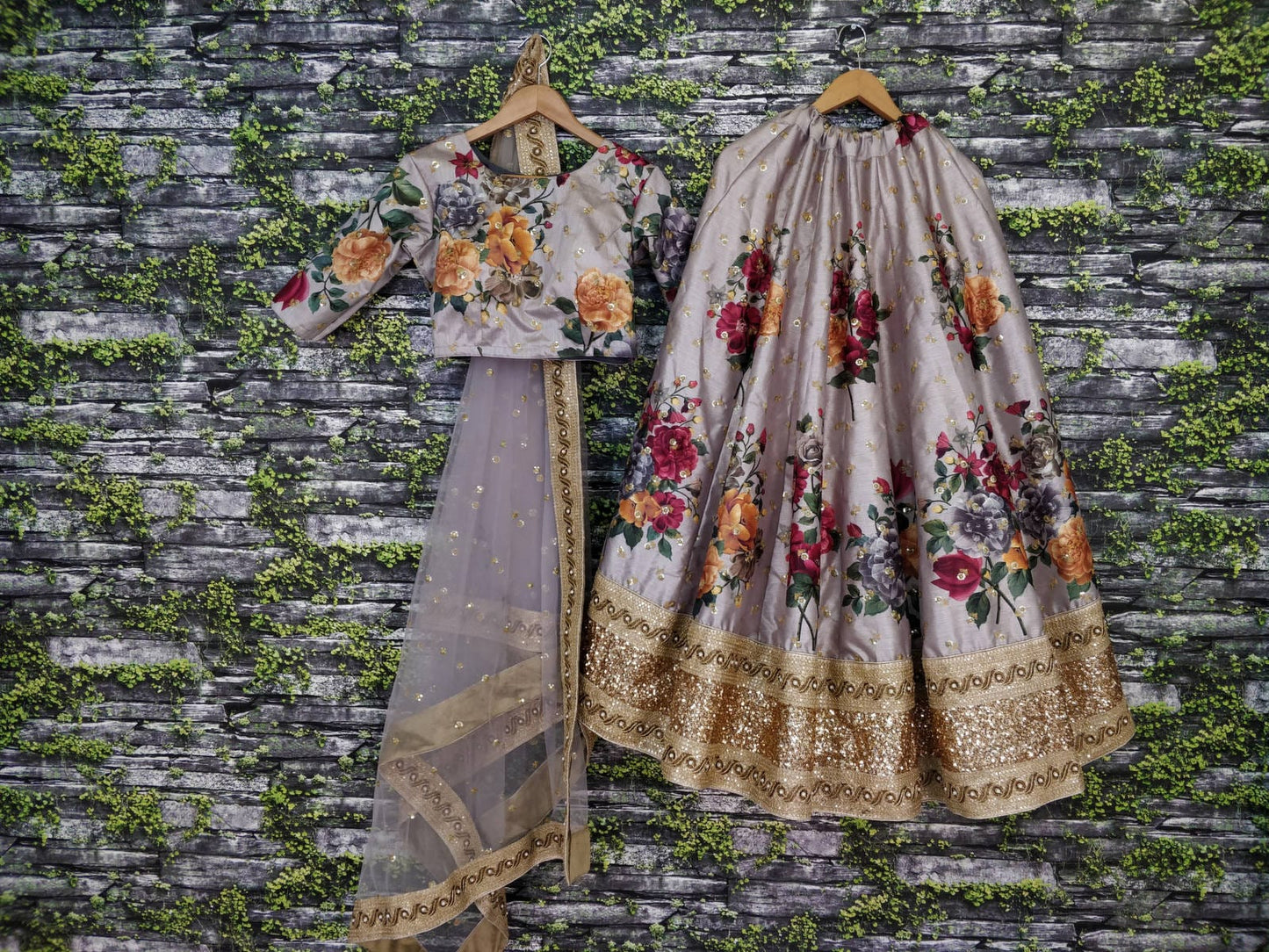 Grey Fine Art Silk Pearl Embroidered Lehenga Set
