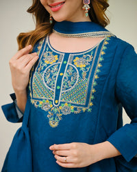 Teal Blue Mul Chanderi Embroidered Kurta Set