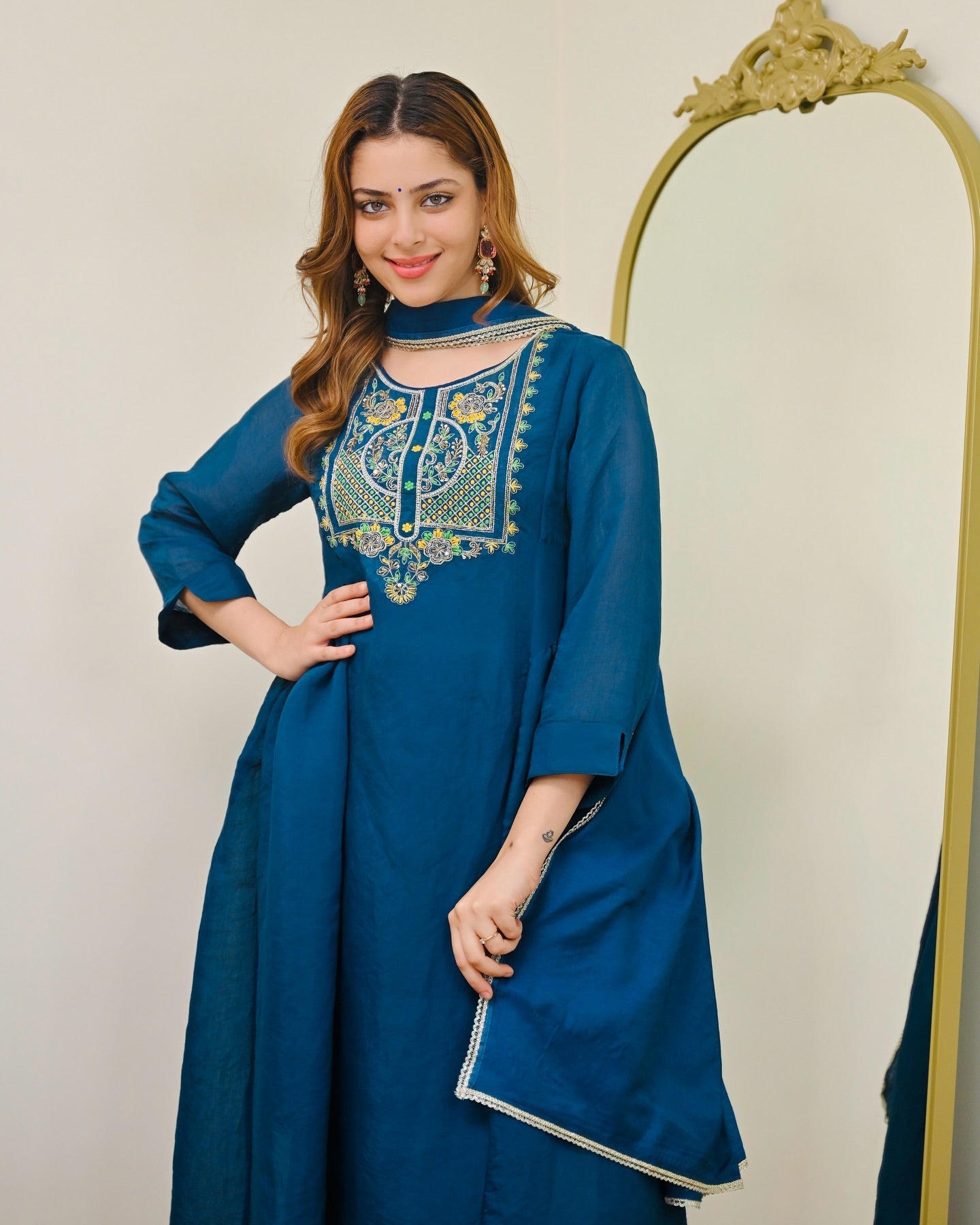 Teal Blue Mul Chanderi Embroidered Kurta Set