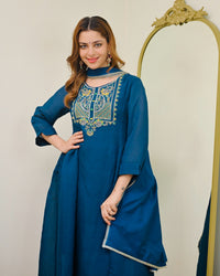 Teal Blue Mul Chanderi Embroidered Kurta Set