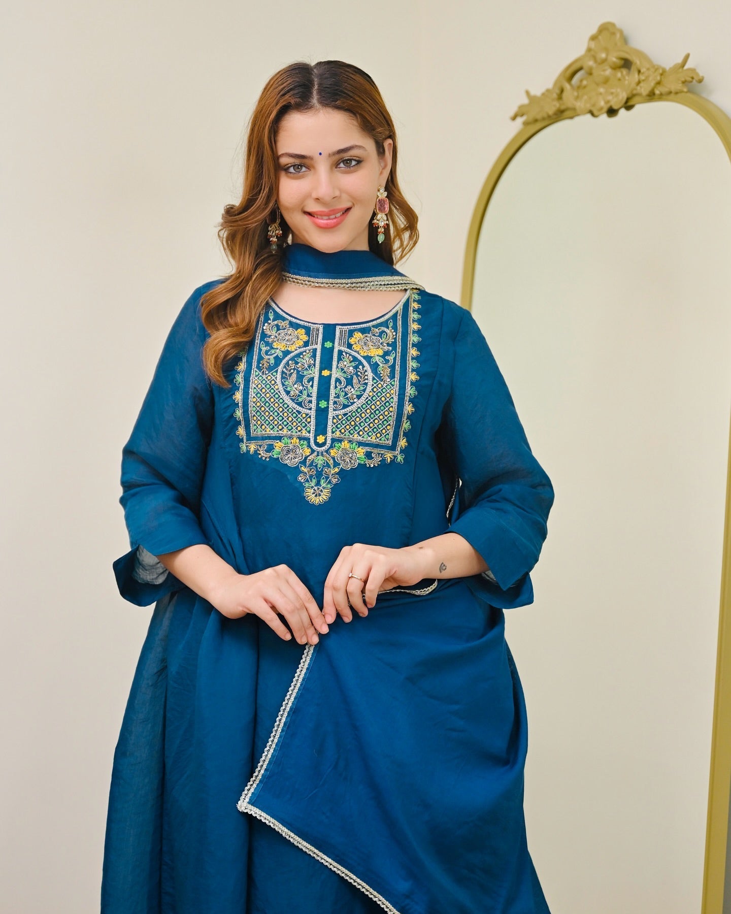 Teal Blue Mul Chanderi Embroidered Kurta Set