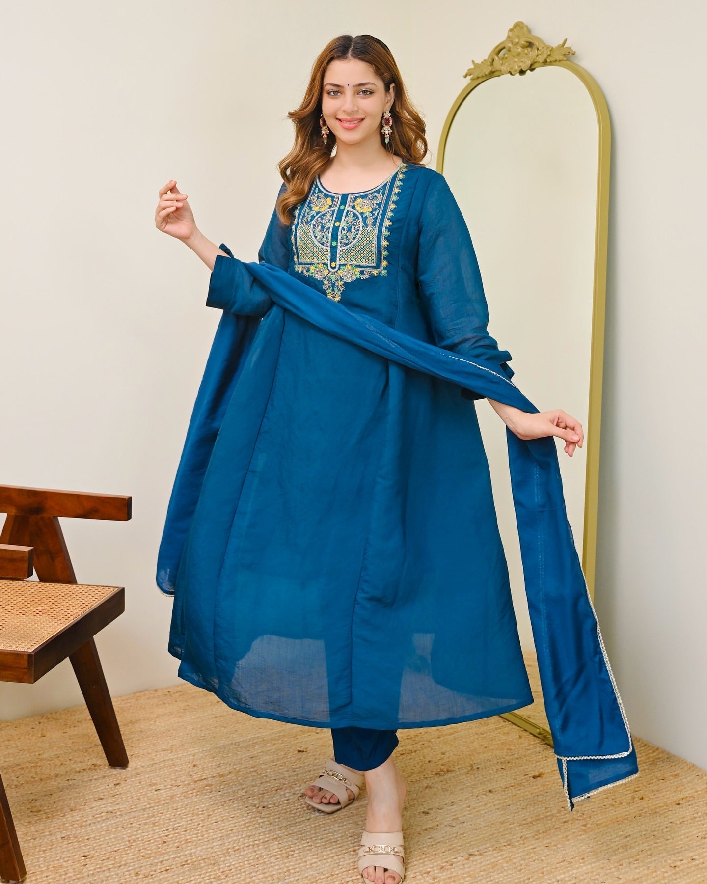 Teal Blue Mul Chanderi Embroidered Kurta Set