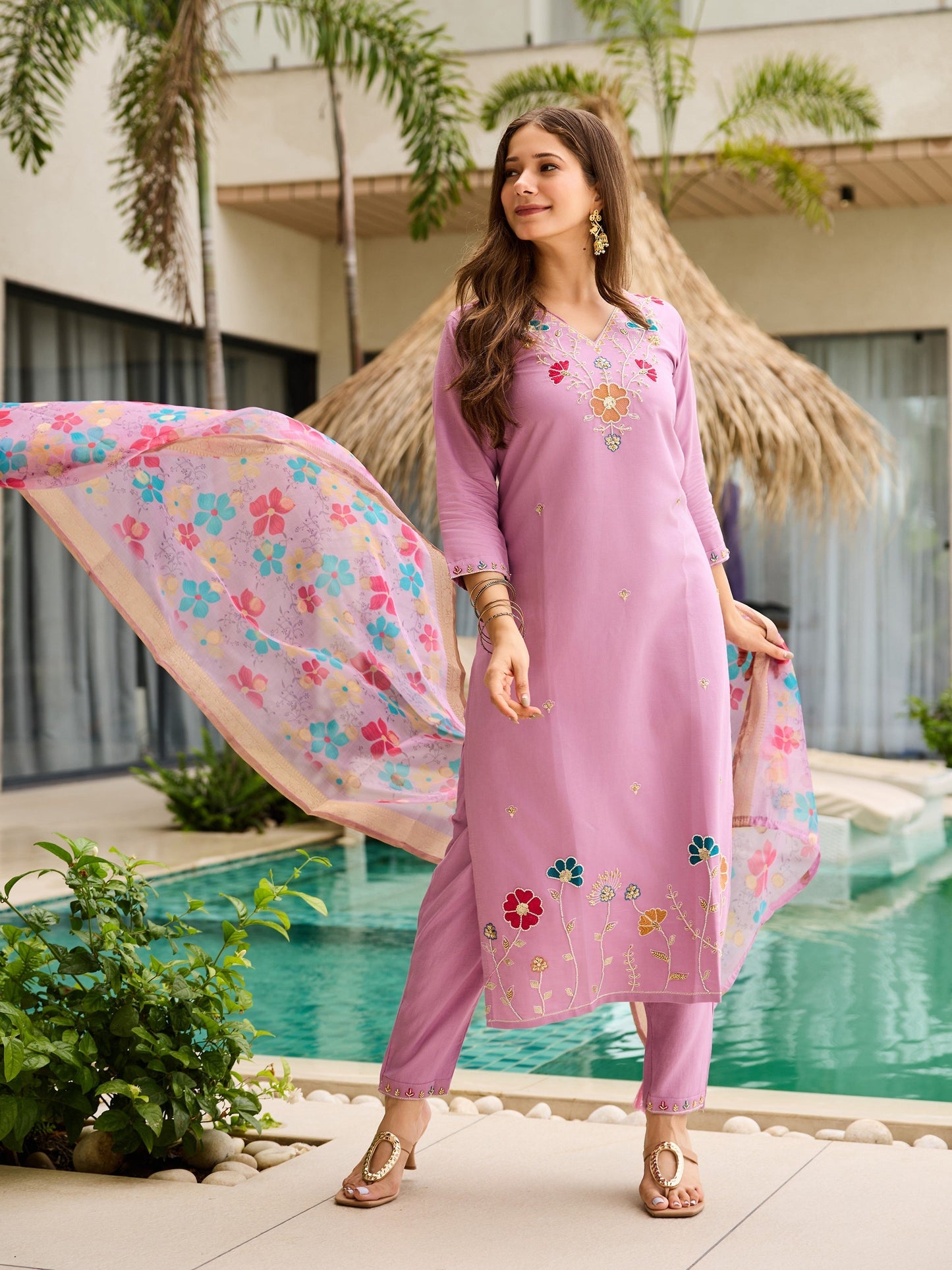 Pink Floral Embroidered Suit Set