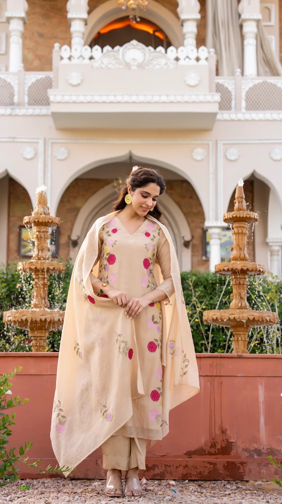 Cream Floral Printed Chanderi Kurta Set